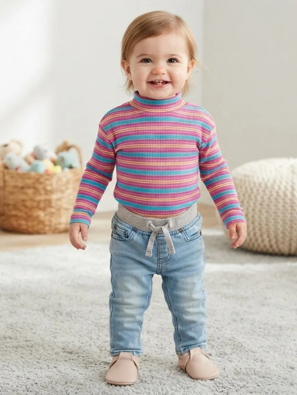 12M Colorful Striped Baby Bodysuit and Jeans Set